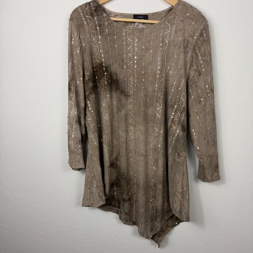 Cocomo Womens XL Tie Dye Sequin Sharkbite Tunic Top Brown Grey 3/4 Sleeve JC3028